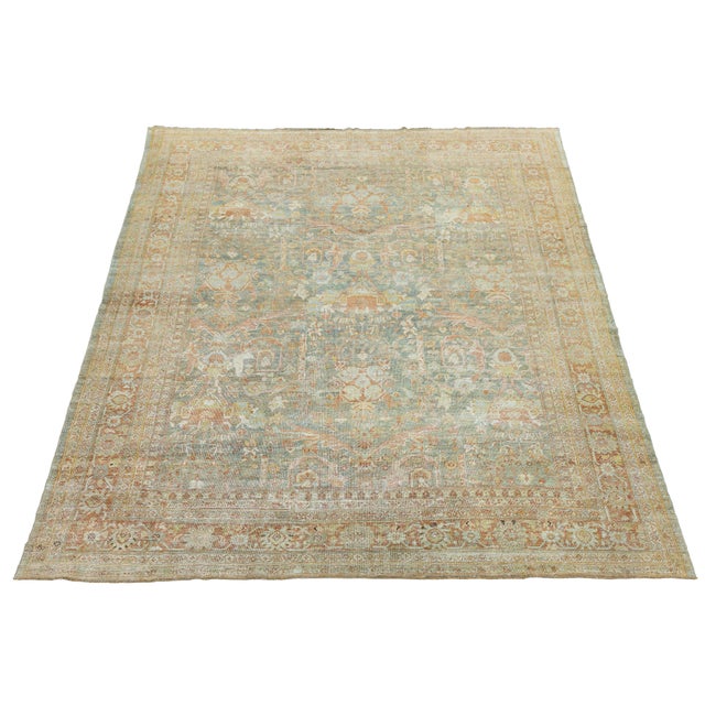 Antique Mahal Wool Area Rug With Muted Sage Green & Terracotta Palette For Sale - Image 9 of 11