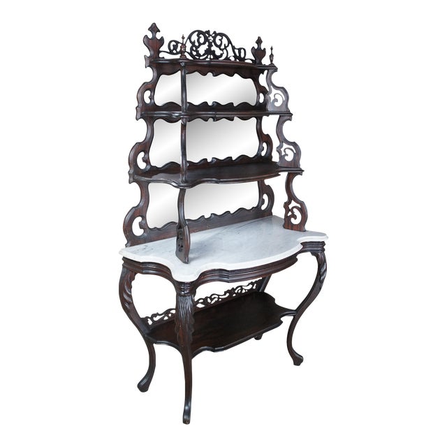 Antique Victorian Rosewood Marble Rococo Tiered Etagere Display Shelf For Sale