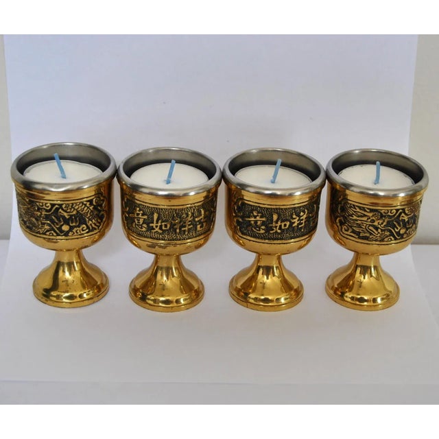 Metal Chinoiserie Japonisme Dragon Brass Candle Votive Holders With Candles - Set of 4 For Sale - Image 7 of 7