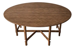 1980s 6ft Round Parquet Oak Drop Leaf Dining Table