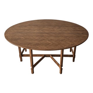 6ft Round Parquet Oak Drop Leaf Dining Table For Sale
