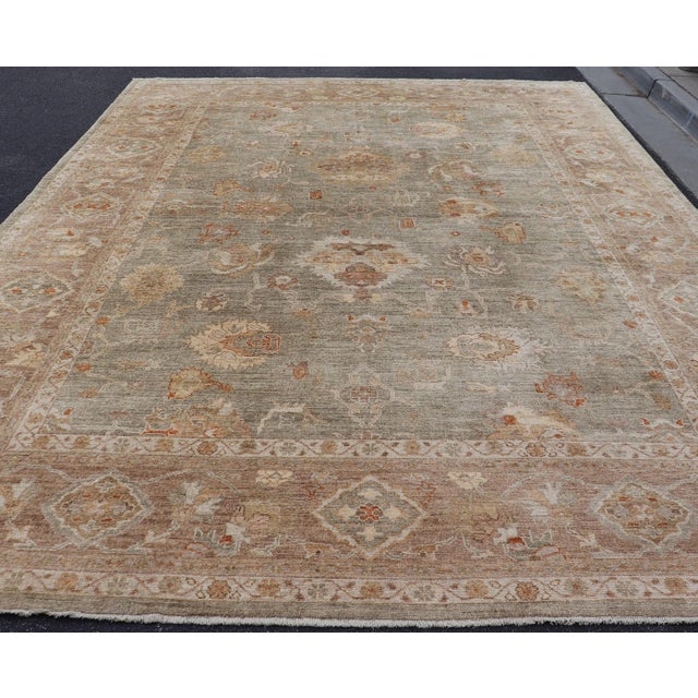 Tribal Large Turkish Angora Oushak Rug With Soft Green Field and Rust Accents For Sale - Image 3 of 13