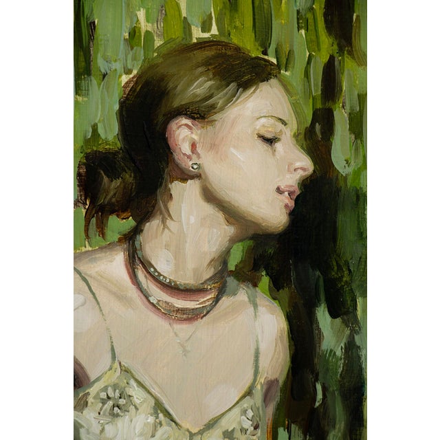 Early 21st Century Garden Wind by Nadezda | Oil on Panel Woman in a flowing dress against a green background. For Sale - Image 5 of 5