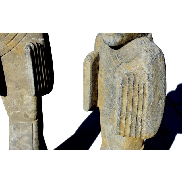 Pair Antique Stone Attendants Servants Statues Han Style For Sale - Image 9 of 13