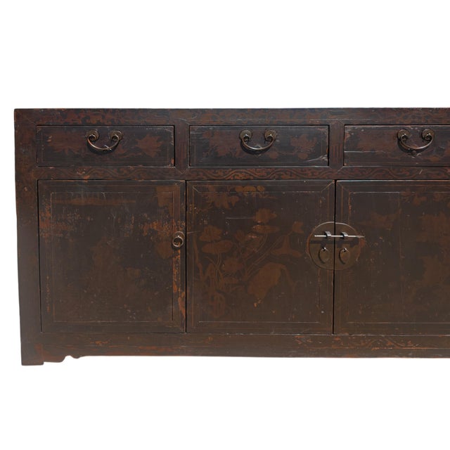 Brown Circa 1926 Antique Chinese Dark Brown Painted Sideboard With Four Drawers and Four Doors For Sale - Image 8 of 9