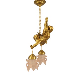 Gilded Metal Angel Figure Ceiling Light, 1910s For Sale