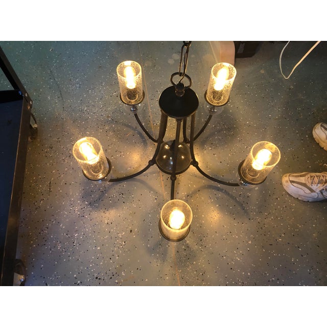 1960s Mid Century Round Iron 5 Arm Chandelier With Bubble Glass For Sale - Image 5 of 6