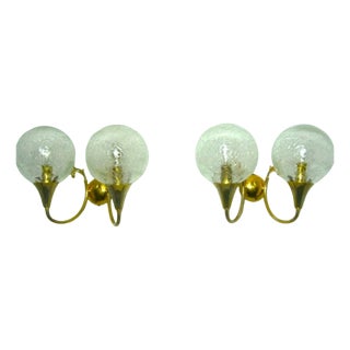 Mid-Century Modern Art Deco Brass and Murano Glass Sconces, 1980s, Set of 2 For Sale