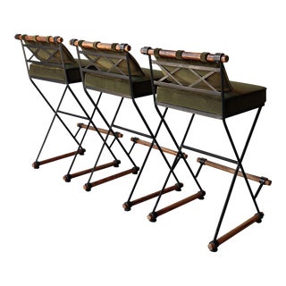 Set of 3 Mid Century Iron and Oak Barstools by Cleo Baldon For Sale