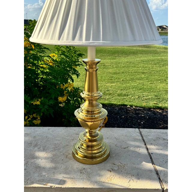Vintage Signed Stiffel Brass Table Lamp with Original Shade. With Shade: 32 7/8”h(top of finial) x 19”w(Shade) No...