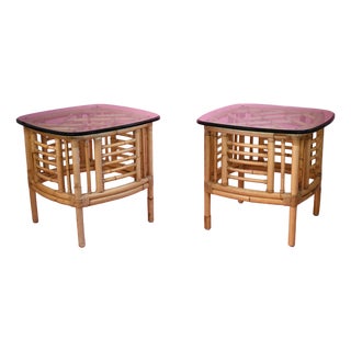 1970s Pair of Fretwork Burnt Bamboo Glass Top End Tables For Sale