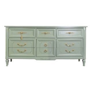 Mid Century Transitional Dresser in Sage Green by Dixie Furniture - Newly Painted For Sale