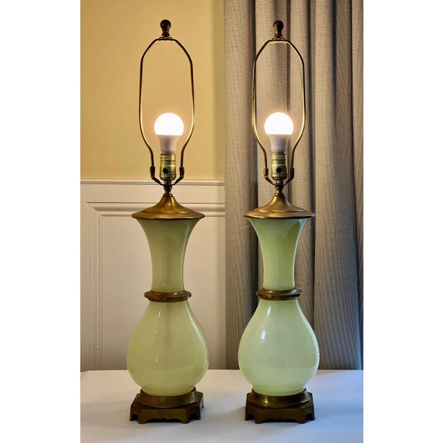Light Yellow Mid 20th Century Paul Hansen Hollywood Regency Bronze Mounted Vaseline Glass Lamps, Pair For Sale - Image 8 of 12