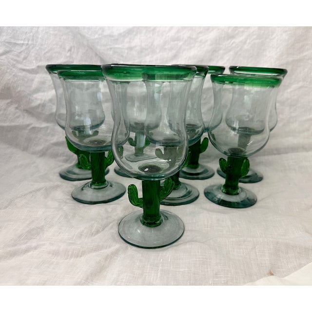 1990s Set of 8 Hand Blown Saguaro Cactus Stem Goblets For Sale - Image 5 of 7