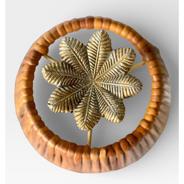 Brass Vintage Brass Palm Tree Table Lamp With Original Rattan Shade | Hollywood Regency Tropical Palm Lamp, 1970s For Sale - Image 8 of 13