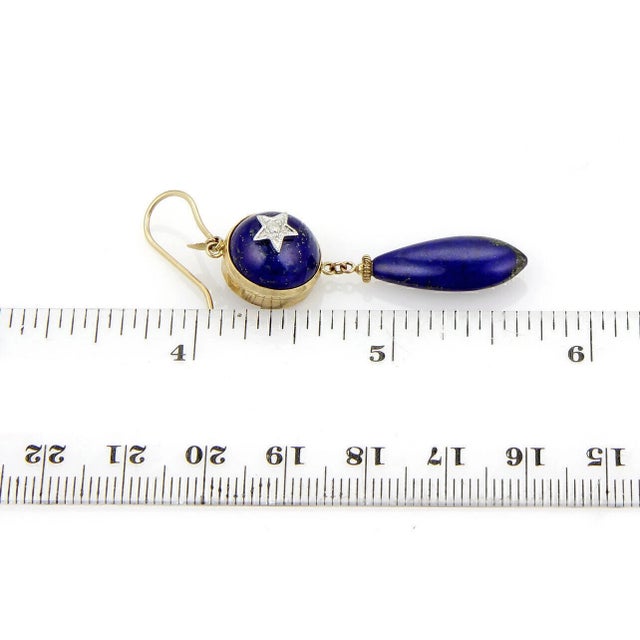 Late 20th Century Late 20th Century Pair of Diamond Star & Lapis 9k Two Tone Gold Drop Dangle Earrings For Sale - Image 5 of 5