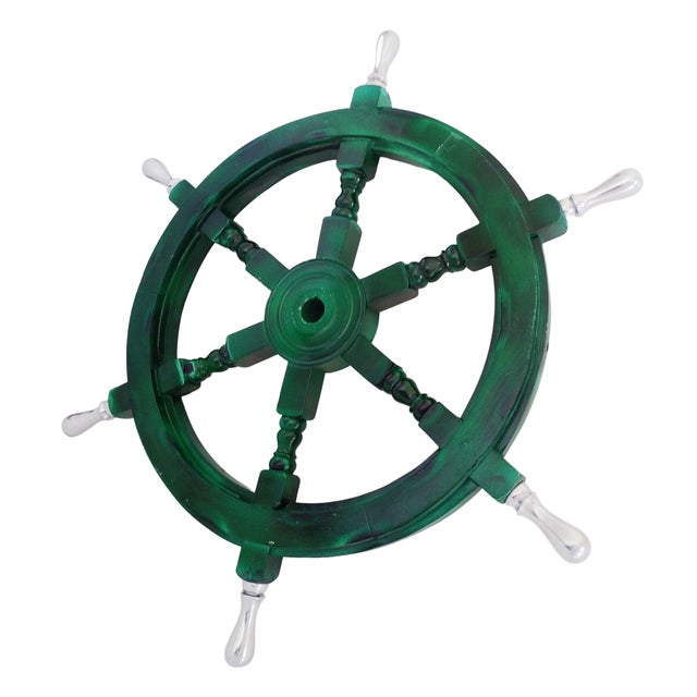 Vintage Nautical Handcrafted Green Wooden Ship Wheel With Aluminium Hub & Handle For Sale - Image 6 of 6
