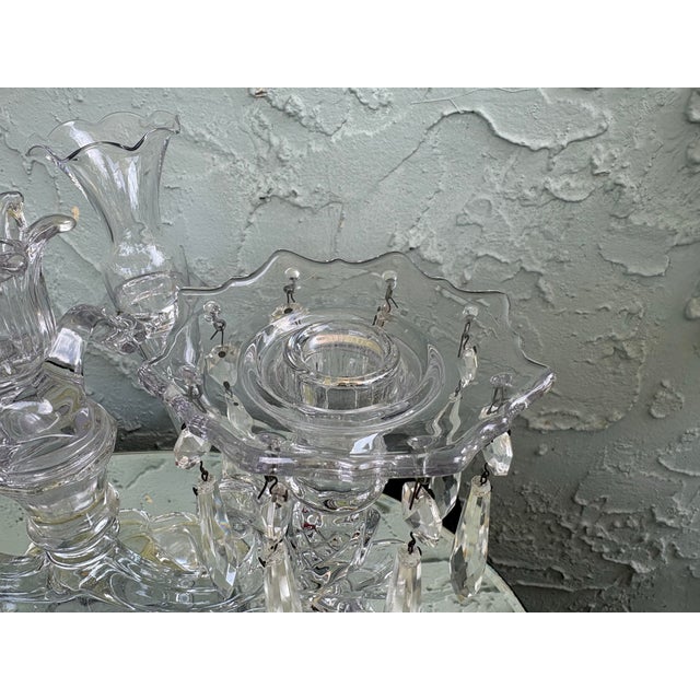 Glass Vintage Cambridge Glass Crystal Epergne Candelabra With Hanging Prisms and Oval Mirror Display Base For Sale - Image 7 of 12