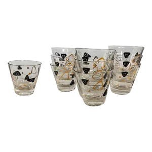 1950’s MCM Federal Glass Fantasy Black & 22 Karat Gold Manhattan Glasses Set of 10