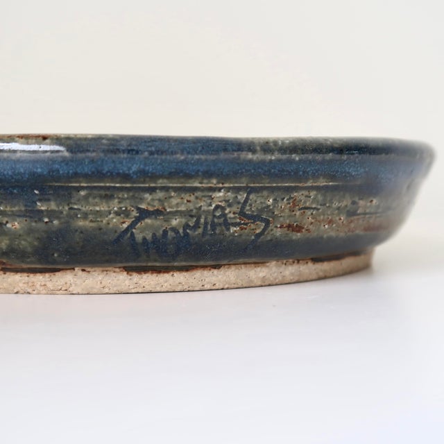 Signed Studio Pottery Ceramic Colander Dish in Mottled Blue Glaze For Sale - Image 13 of 15