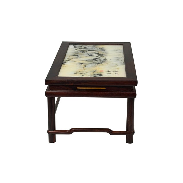 Asian Rectangular Dream Stone Inlaid Rosewood Slender Cylindrical Legs Display Stand For Sale - Image 3 of 7
