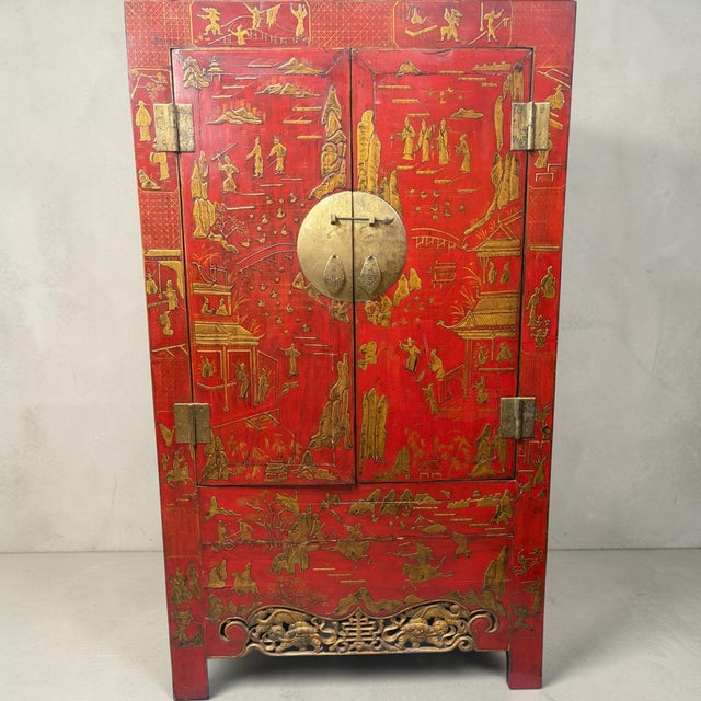 Pair Antique Red Chinoiserie Wedding Cabinets Armoires For Sale - Image 4 of 10