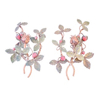 Vintage Italian Floral Strawberry Tole Wall Sconce Candle Holders- a Pair For Sale