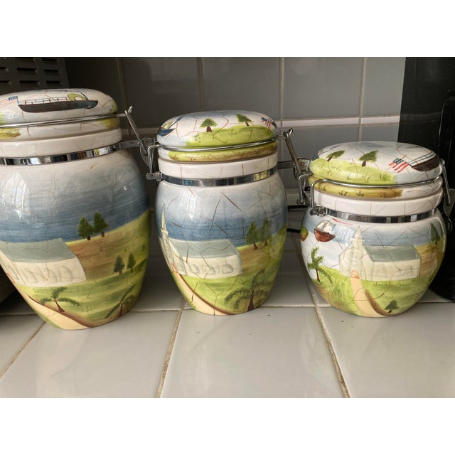 Metal Kitchen Ceramic Storage Canisters - Set of Three For Sale - Image 7 of 14