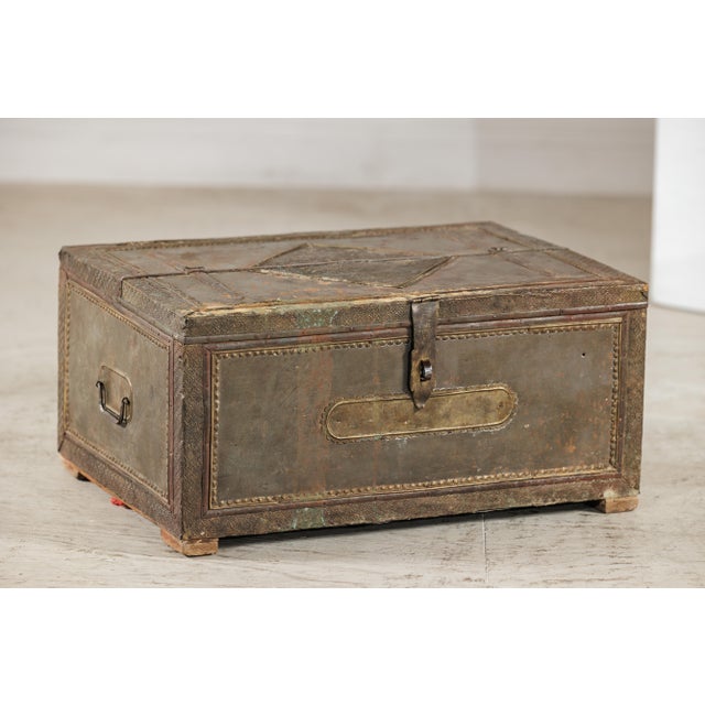 Vintage Indian Tin-Clad Metal Trunk with Embossed Detailing For Sale - Image 4 of 18