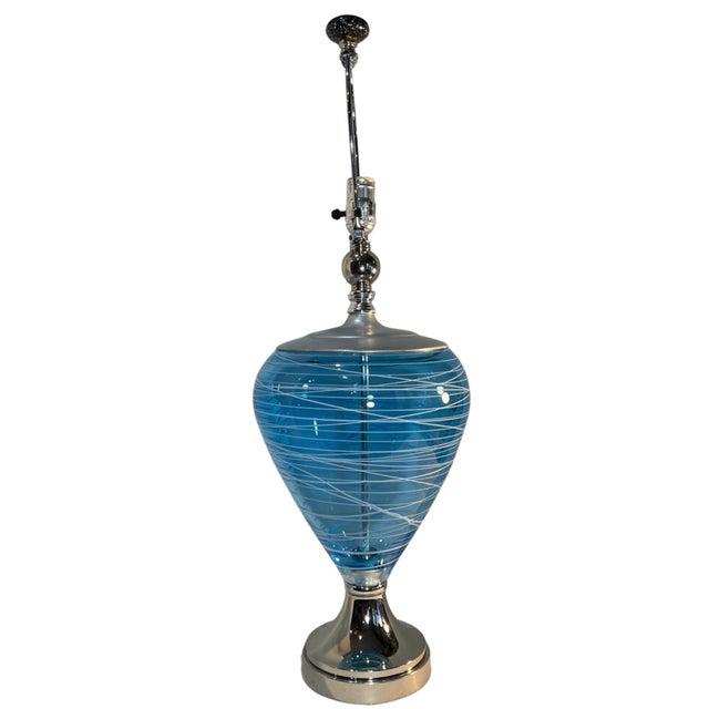 Contemporary Art Glass Aqua Blue White Swirl Table Lamp For Sale - Image 3 of 18