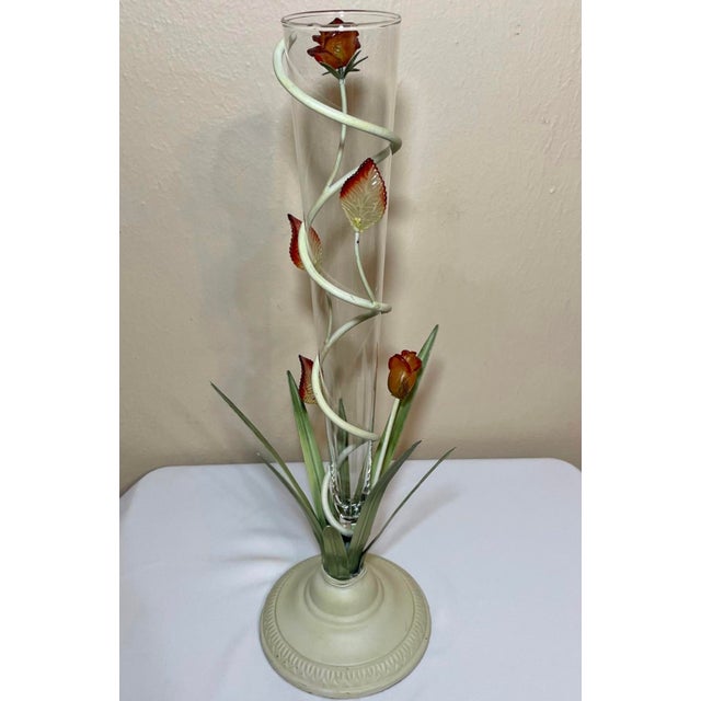 Mid 20th Century Mid Century Tall Tole Floral Vase Glass Insert Amberina Acrylic Rose Flowers For Sale - Image 5 of 11