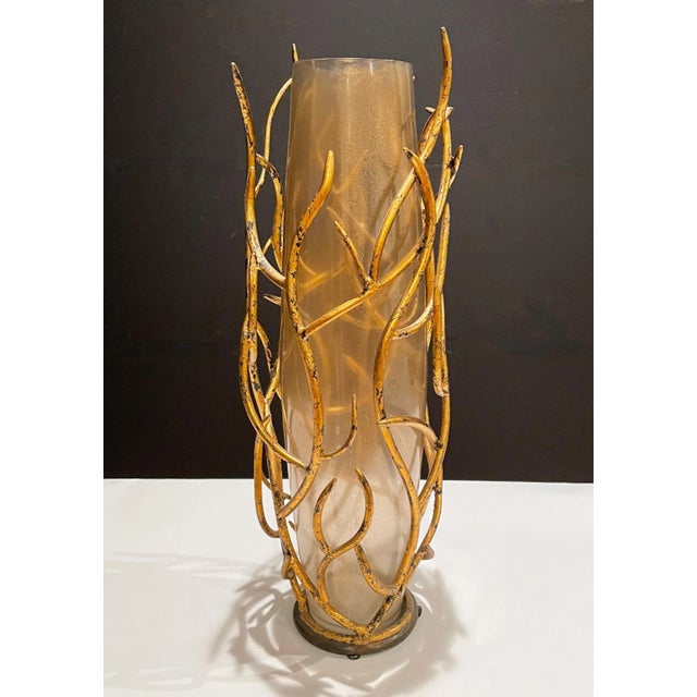 Modern Late 20th Century Contemporary Gilt Iron and Art Glass Vase For Sale - Image 3 of 7