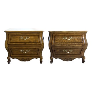 Pair, Baker French Louis XV Style Oak & Burl Bombé Chest Tables/Nightstands, 1960's-1970's For Sale