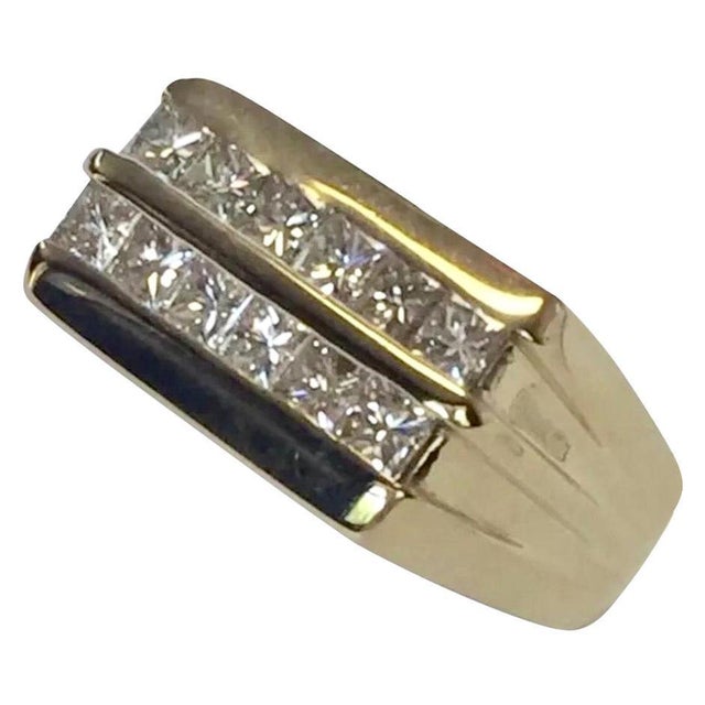 Silver Diamond Ring 14k Yellow Gold 2 TCW Princess Cut Unisex Certified, Size 9.25 For Sale - Image 8 of 11