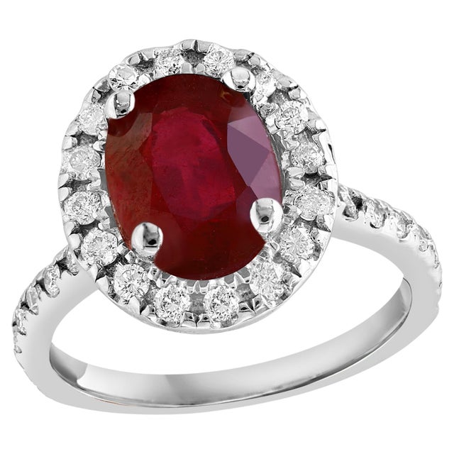 3 Carat Oval Treated Ruby & 1.25 Ct Diamond Ring 14 Karat White Gold Size 6 For Sale - Image 4 of 8
