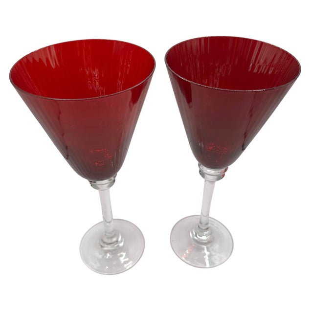 Vintage Elegant Ruby Red Fluted Wine Goblets With Crystal Clear Stems - A Pair For Sale - Image 10 of 12