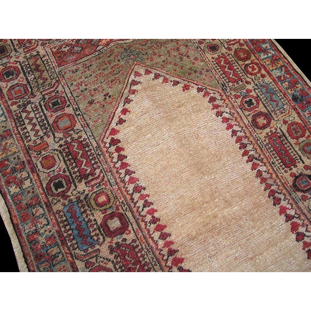 1870s Ivory Geometric Tribal Antique Turkish Oushak Ghiordes Prayer Rug 3'6" X 6'4" Handknotted Wool Carpet For Sale - Image 4 of 6