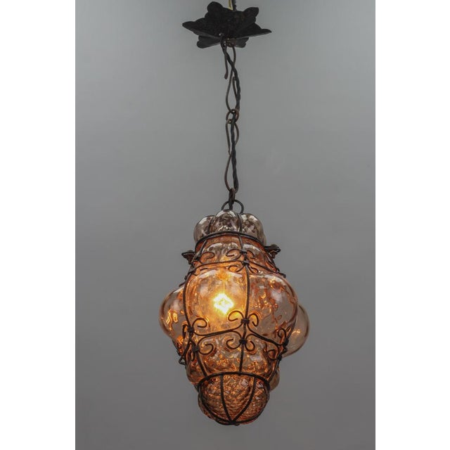 Italian Venetian Amber Smoke Coloured Clear Murano Glass Caged Hanging Lantern, 1950s For Sale - Image 3 of 18
