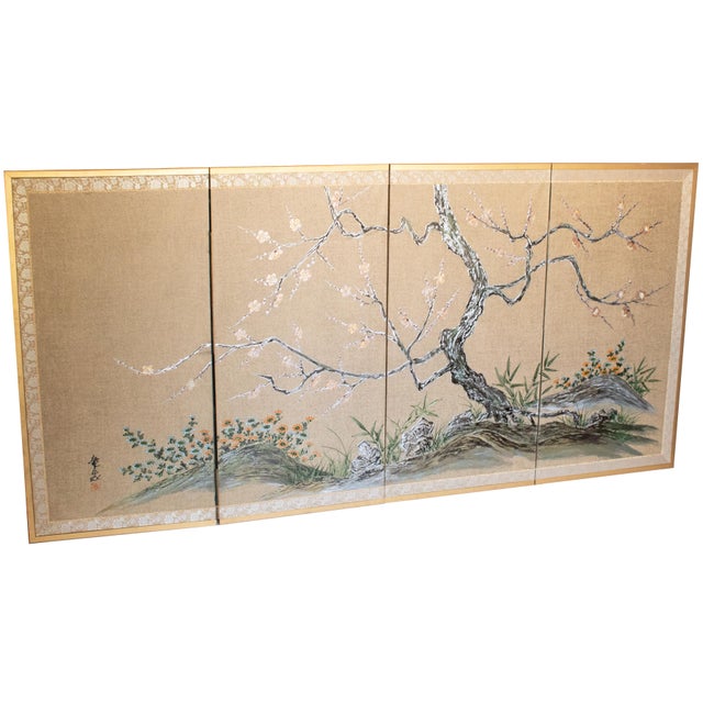 Showa Era C. 1970s Japanese Maki-E Byobu Screen "Blossoming Sakura and Asters" For Sale - Image 4 of 18