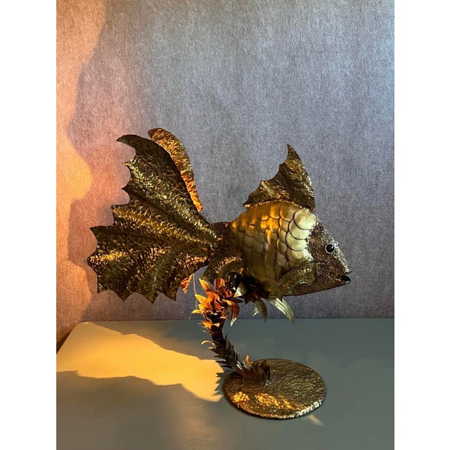 Large Vintage C1970s Brutalist Illuminated Brass Gold Fish Sculpture Attributed to Henri Fernandez For Sale - Image 10 of 12