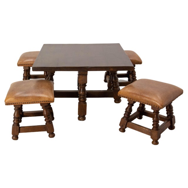 Spanish Alder Coffee Table with Alder and Leather Stools, 1960s, Set of 5 For Sale