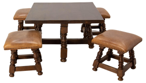 Spanish Alder Coffee Table with Alder and Leather Stools, 1960s, Set of 5