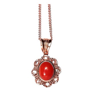 Late 19th Century 14K Pink Rose Gold Diamond Undyed Red Coral Floral Pendant For Sale