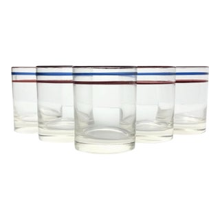 1970s Vintage Anchor Hocking Blue & White Striped Cocktail Tumbler Glasses - Set of 5 For Sale