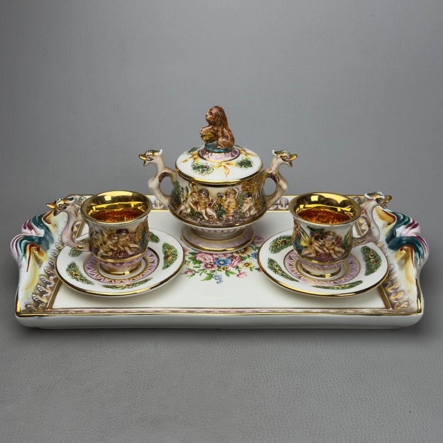 Porcelain Tea Set with Tray, Cups and Sugar Bowl in Gold Cherubs from Capodimonte, 1960s, Set of 6 For Sale - Image 12 of 12