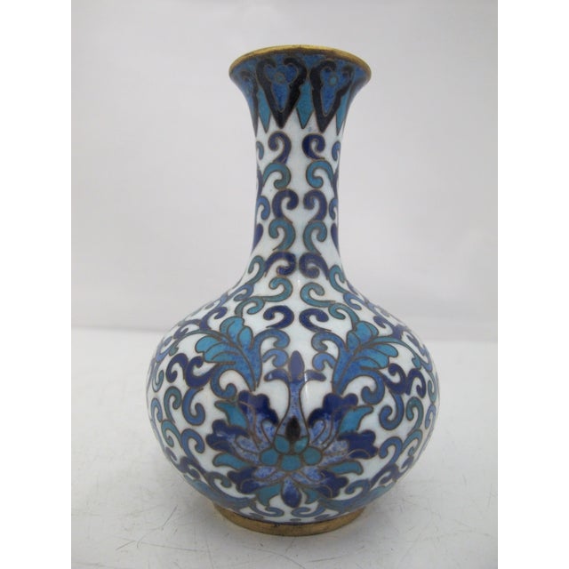 Chinese Turquoise & Cobalt Blue Cloisonne Enamel Flower Brass Small Vase For Sale In Portland, OR - Image 6 of 9