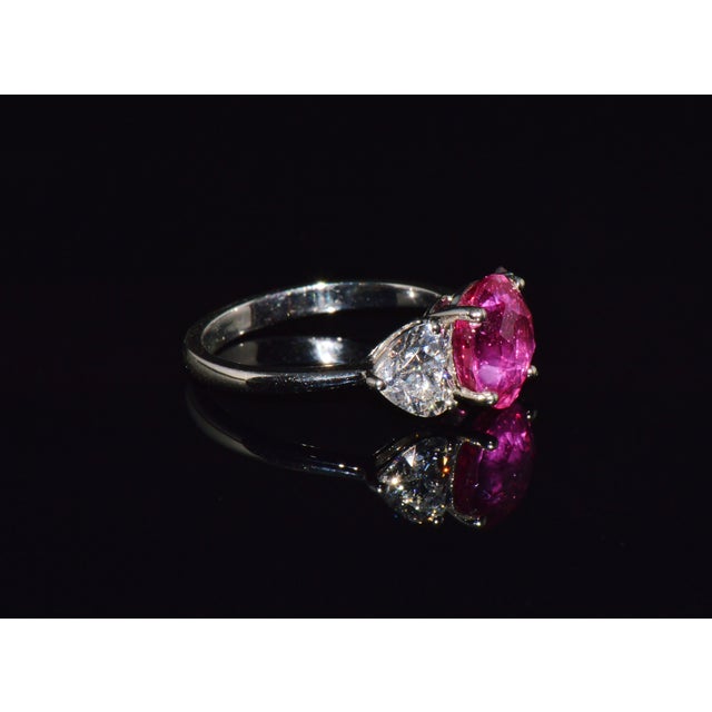 Late 20th Century Gia 4.47Cts No-Heat Mozambique Ruby & D Vvs2 Heart Diamond Platinum Three Stone Ring, Size 6 For Sale In Dallas - Image 6 of 18