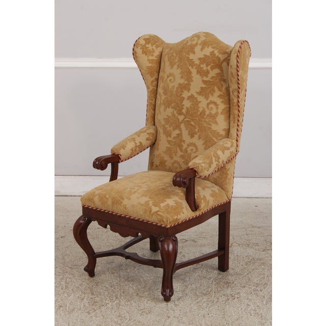 Pair French Oak Carved Wing Back Damask Chairs For Sale - Image 4 of 18
