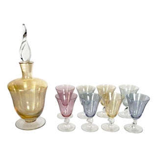 Decanter Canister with Colored Glasses, France, 1960s, Set of 9 For Sale