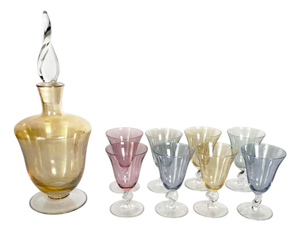 Decanter Canister with Colored Glasses, France, 1960s, Set of 9